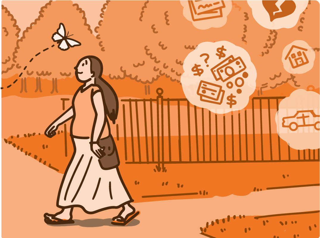 Illustration of a woman focusing on a butterfly as her worries float away Illustration of a woman focusing on a butterfly as her worries float away