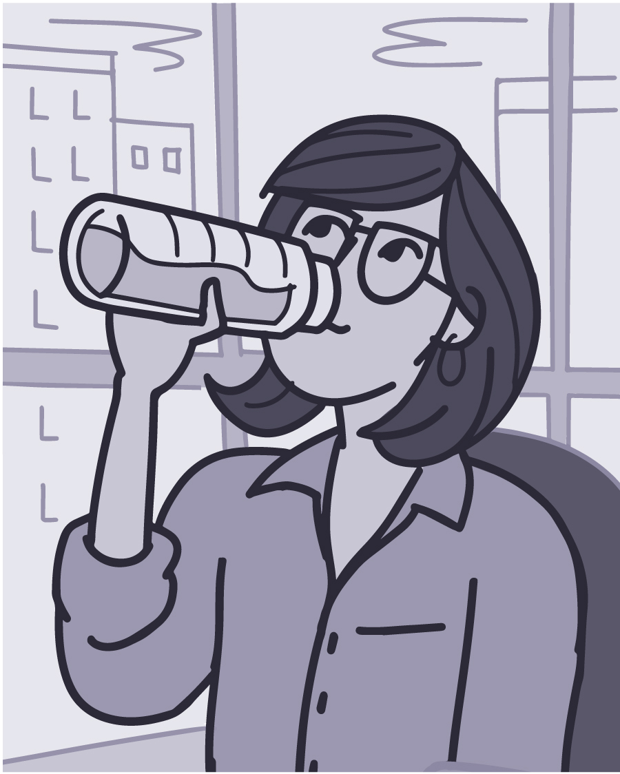 Illustration of a woman sitting in a chair drinking from a water bottle Illustration of a woman sitting in a chair drinking from a water bottle.